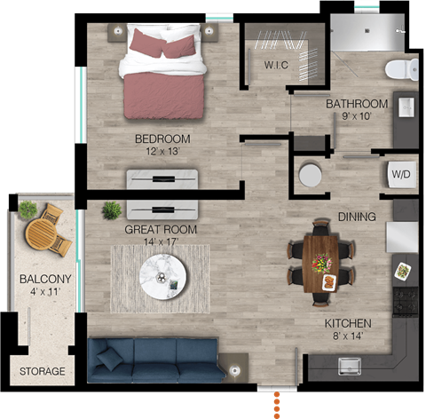 Floor plan for 1 bed, 1 bath, 832 sqft